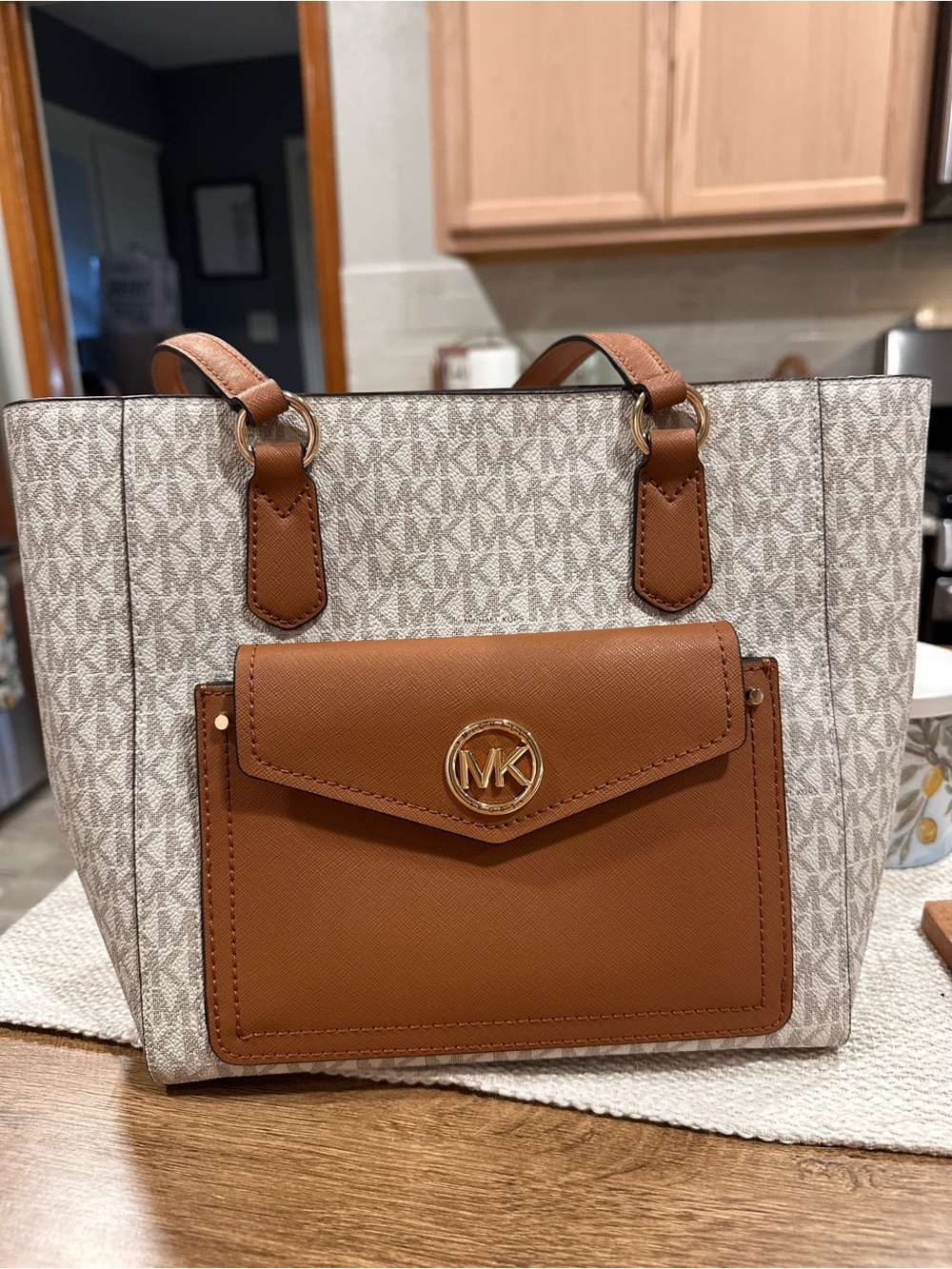 Michael Kors Brown and Vanilla Signature Tote with Front Pocket